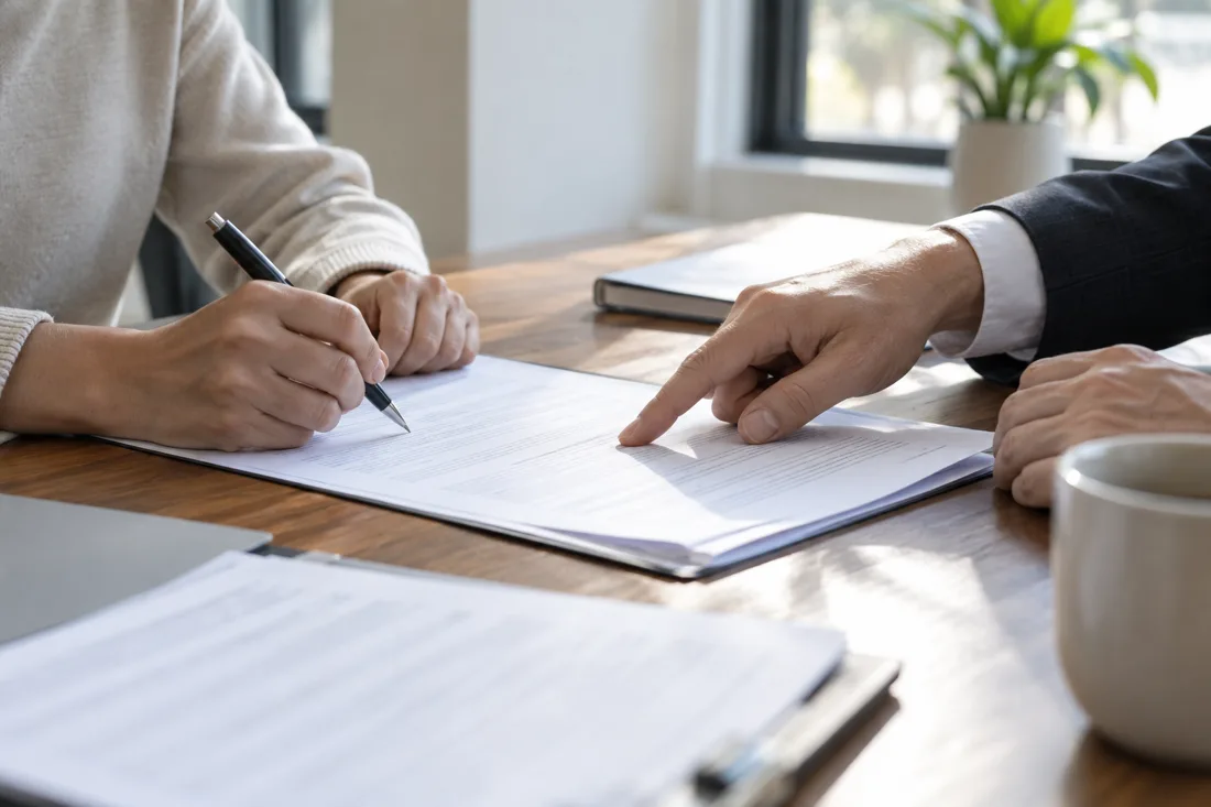 Illustrative hands reviewing paperwork during a consultation